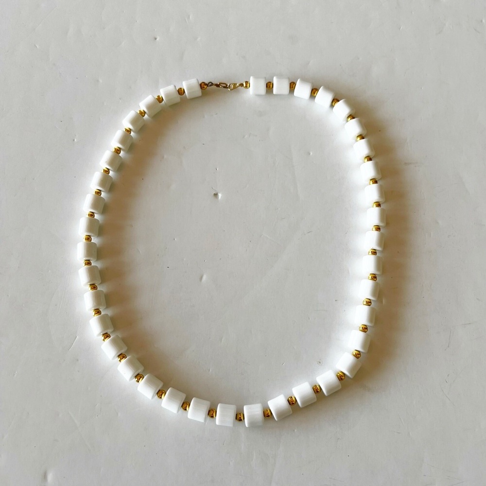 Vintage 24" White Round Cylinder Beaded Necklace Plastic Mod MCM Costume Funky